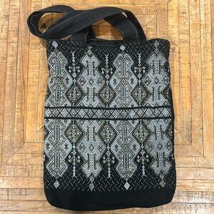 Artisan black tote with Greek traditional fabric